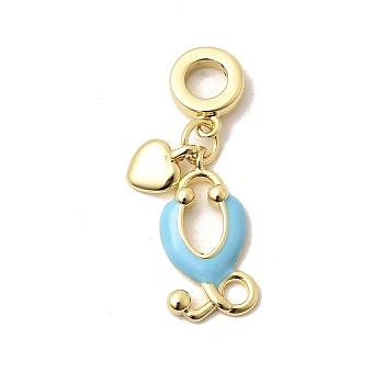 Brass Enamel European Dangle Charms, Light Sky Blue Stethoscope Heart Large Hole Pendants, Long-Lasting Plated, Cadmium Free & Lead Free, Rack Plating, Real 18K Gold Plated, 32mm, Hole: 4.5mm