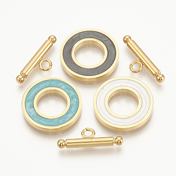 201 Stainless Steel Toggle Clasps, with Enamel, Ring, Golden, Mixed Color, Ring: 19.5x2mm, Inner Diameter: 10mm, Bar: 21x7x3mm, Hole: 2mm