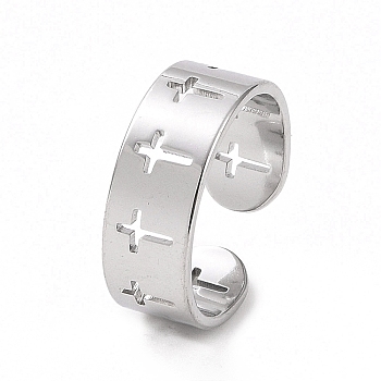 304 Stainless Steel Hollow Out Cross Open Cuff Ring for Women, Stainless Steel Color, US Size 6(16.5mm)