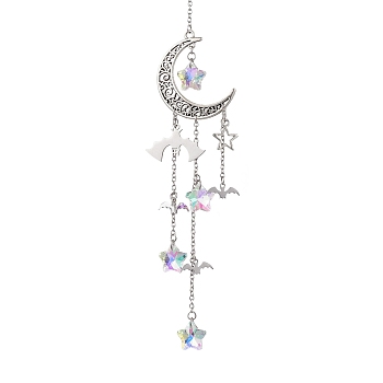 Hollow Moon Alloy Hanging Ornaments, Glass Star Tassel for Home Decorations, Antique Silver, 260mm
