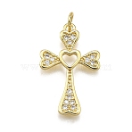 Brass Micro Pave Cubic Zirconia Pendants, Cross & Heart, Long-Lasting Plated, Lead Free & Cadmium Free, Rack Plating, with Jump Ring, Real 18K Gold Plated, 24x15x2mm, Hole: 3.5mm(KK-Z100-35G-01)