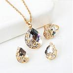 Alloy Glass Pendant Necklaces & Stud Earrings & Rings Sets, Golden, Teardrop with Peacock Patter, Clear, 470mm(WGA5C1C-05)