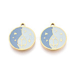 304 Stainless Steel Enamel Pendants, Flat Round Charms, Ion Plating(IP), Real 18K Gold Plated, Light Blue, 17x15x1.5mm, Hole: 1.5mm(STAS-T074-10G)