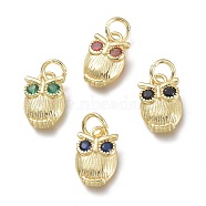 Brass Micro Pave Cubic Zirconia Pendants, with Jump Rings, Owl, Real 18K Gold Plated, Mixed Color, 11.5x7x2mm, Hole: 3.5mm(KK-P188-I)