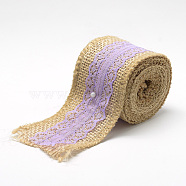 Burlap Ribbon, Hessian Ribbon, Jute Ribbon, with Cotton Ribbon, for Jewelry Making, Lilac, 2 inch(50mm), about 2.187yards/roll(2m/roll), 12rolls/bag(OCOR-R071-11A)