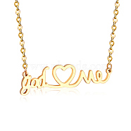 SHEGRACE Stainless Steel Pendant Necklaces, with Lobster Claw Clasps and Cable Chains, Word God Love and Heart, Real 18K Gold Plated, 17.7 inch(45cm), Pendant: 44.5x14mm(JN071B-X)