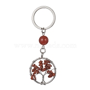 Natural Carnelian & Red Jasper Chips Flat Round with Tree of Life Kcychain, with 304 Stainless Steel Findings, 8cm(KEYC-JKC00563-03)