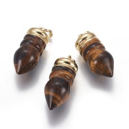 Natural Tiger Eye Pointed Pendants, with Golden Tone Brass Findings, Bullet, 30~40x14~16mm, Hole: 5x6mm(G-F594-06B)