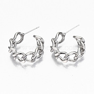 Brass Half Hoop Earrings, Stud Earring, Nickel Free, Curb Chain Shape, Real Platinum Plated, 27x24x8mm, Pin: 0.7mm(KK-R117-033-NF)