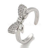 Bowknot Brass Micro Pave Cubic Zirconia Open Cuff Ring for Women, Cadmium Free & Lead Free, Long-Lasting Plated, Platinum, Adjustable(RJEW-E296-10P)