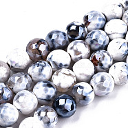 Electroplate Natural Agate Beads Strands, Dyed, Faceted, Pearl Luster Plated, Round, Creamy White, 8.5x7~8mm, Hole: 1.2mm, about 47~48pcs/strand, 13.78 inch~13.98 inch(35cm~35.5cm)(G-T131-54D)
