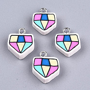 Handmade Polymer Clay Pendants, with Platinum Tone Iron Findings, Diamond Shape, Colorful, 15~16x13x5mm, Hole: 2mm(CLAY-T016-77)