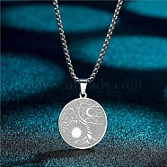 Stainless Steel Viking Moon Sun Tree of Life Flat Round Pendant Box Chain Necklaces, Stainless Steel Color, 23.62 inch(60cm)(PW-WG93B99-01)