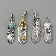 Alloy Big Pendants, with Synthetic Turquoise, Feather, Antique Silver & Antique Golden, 48~63x14~16x7~8mm, Hole: 7.5x4.5mm, 4pcs/set(FIND-WH0127-35)