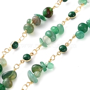 Handmade Brass Glass Link Chains, with Natural Green Agate Chip Bead for Necklaces Bracelets Making, Long-Lasting Plated, Soldered, with Spool, Golden, Link: 9.5~28x3~6x3~6mm, about 16.40 Feet(5m)/Roll(CHC-F019-08G)