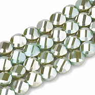 Electroplate Opaque Solid Color Glass Beads Strands, Faceted, Flat Round, Olive Drab, 7~8x8x5mm, Hole: 1.2mm, about 69~70pcs/strand, 20~21 inch(EGLA-T008-09C)