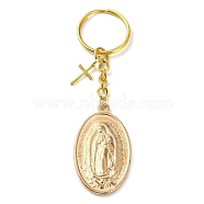 Oval with Virgin Mary Alloy Keychain, with Cross Charm Iron Split Key Rings, Religion, Golden, 9.5cm(KEYC-JKC00722)