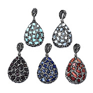 Polymer Clay Rhinestone Pendants, with Gemstone Chip/Natural Shell Chip and PU Leather, Teardrop, Gunmetal, 41~42x28~29x6~7mm, PP12(1.8~1.9mm), Hole: 9x5mm(RB-S056-11A-B)