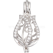 1Pc Rhodium Plated 925 Sterling Silver Empty Bead Cage Pendants, with Cubic Zirconia, Platinum, Flower, 24.5x12.5x10mm, Hole: 4x2.5mm(STER-BBC0005-69A)