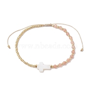 3mm Round Faceted Natural Sunstone & Seed Beads Braided Bead Bracelets, Adjustable Cross Natural Sea Shell Bracelets for Women, 0.2~0.35cm, Inner Diameter: 2-1/8~2-3/8 inch(5.5~6cm) (BJEW-JB10594-02)