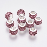 304 Stainless Steel European Beads, with Polymer Clay Rhinestone, Large Hole Beads, Rondelle, Light Amethyst, 11x7.5mm, Hole: 5mm(CPDL-E045-A01)