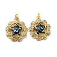 Brass Micro Pave Cubic Zirconia Pendants, with Enamel Shell, Flower with Star, Black, 21x18x4.5mm(KK-H457-02G-03)