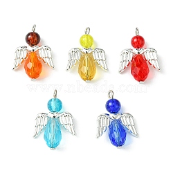 Glass Pendants, with Alloy Wings and Iron Loops, Angel Charms, Mixed Color, 26x18.5x8mm, Hole: 2mm(PALLOY-JF02390)