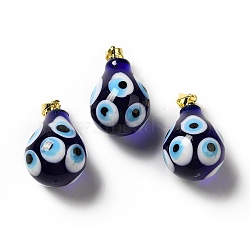 Handmade Evil Eye Lampwork Pendants, with Rack Plating Brass Findings, Long-Lasting Plated, Teardop, Midnight Blue, 22.5~24x15~16mm, Hole: 3.5X4.5mm(LAMP-F026-04F)