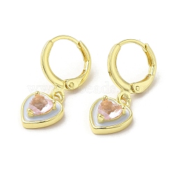 Heart Real 18K Gold Plated Brass Dangle Leverback Earrings, with Enamel and Glass, White, 23.5x9mm(EJEW-L268-025G-03)