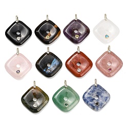 Natural Mixed Gemstone Pendants, Rhombus Charms, with Brass Pave Cubic Zirconia Findings, Golden, 35~35.5x35~35.5x8~8.5mm, Hole: 5x6mm(GG-CBA4625-04G)