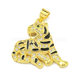 Brass Micro Pave Cubic Zirconia Pendants, Enamel Leopard Charms, Real 18K Gold Plated, 22x23.5x4mm, Hole: 4x3mm(KK-K354-16E-G)