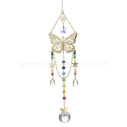 Glass Pendant Decorations, with Brass & Stainless Steel Finding, Butterfly, Golden, 292mm(HJEW-TA00139)