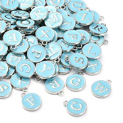 Alloy Enamel Charms, Cadmium Free & Lead Free, Enamelled Sequins, Flat Round, Random Mixed Letters, Platinum, Sky Blue, 14x12x2mm, Hole: 1.5mm(ENAM-S118-04-P)