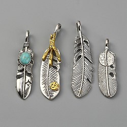 Alloy Big Pendants, with Synthetic Turquoise, Feather, Antique Silver & Antique Golden, 48~63x14~16x7~8mm, Hole: 7.5x4.5mm, 4pcs/set(FIND-WH0127-35)