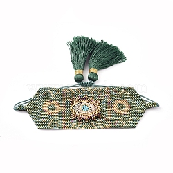 Adjustable Glass Seed Beads Braided Bead Bracelets, with Tassel Pendants, Double Arrows with Eye, Dark Green, 1-5/8 inch~3-3/8 inch(4.1~8.5cm)(BJEW-D442-23C)