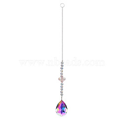 Quartz Chandelier Hanging Suncatcher, Teardrop, for Car Window, Platinum, Pink, 310mm(PW-WG66290-05)