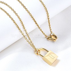 304 Stainless Steel Rolo Chain Pendant Necklaces, Padlock Necklaces for Women Men, Locks with Letter, Letter U, 17.64 inch(44.8cm)(NJEW-S444-01G-21)