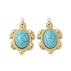 304 Stainless Steel Pendants, Turtle Charms, with Synthetic Turquoise, Ion Plating(IP), Real 18K Gold Plated, 27.5x18x6.5mm, Hole: 1.6mm(STAS-Z122-04G)