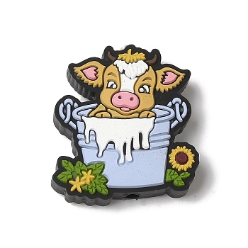 A Cute Yellow Cow Calf in the Milk Pot with Sunflower Silicone Focal Beads, Silicone Teething Beads, Cattle Shape, Light Steel Blue, 28x25x8mm, Hole: 3mm