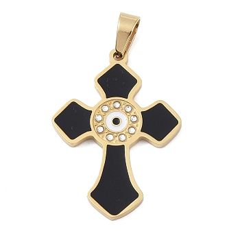 Ion Plating(IP) 304 Stainless Steel Enamel Rhinestone Pendants, Cross Charms, Real 18K Gold Plated, 34x24.5x2.5mm, Hole: 6x4mm