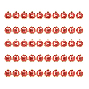 Golden Plated Alloy Charms, with Enamel, Enamelled Sequins, Flat Round, Red, Letter.H, 14x12x2mm, Hole: 1.5mm, 50pcs/Box