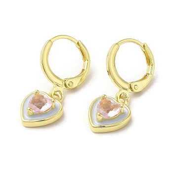 Heart Real 18K Gold Plated Brass Dangle Leverback Earrings, with Enamel and Glass, White, 23.5x9mm