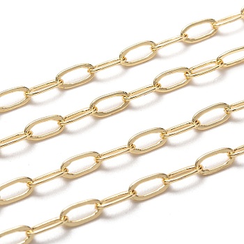 Brass Paperclip Chains, Flat Oval, Drawn Elongated Cable Chains, with Spool, Long-lasting Plated, Soldered, Golden, 6.5x3x0.5mm, about 65.61 Feet(20m)/roll