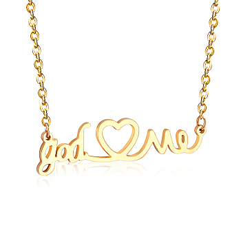 SHEGRACE Stainless Steel Pendant Necklaces, with Lobster Claw Clasps and Cable Chains, Word God Love and Heart, Real 18K Gold Plated, 17.7 inch(45cm), Pendant: 44.5x14mm