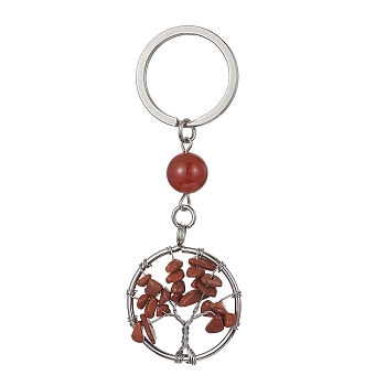Natural Carnelian & Red Jasper Chips Flat Round with Tree of Life Kcychain, with 304 Stainless Steel Findings, 8cm