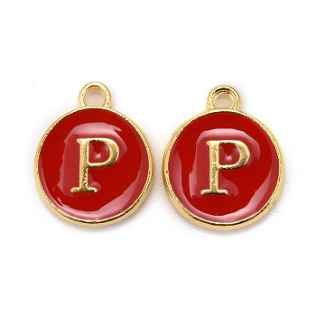 Golden Plated Alloy Enamel Charms, Cadmium Free & Lead Free, Enamelled Sequins, Flat Round, Red, Letter.P, 14x12x2mm, Hole: 1.5mm