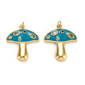 Autumn Theme Real 18K Gold Plated Brass Micro Pave Cubic Zirconia Pendants, with Enamel and Jump Rings, Long-Lasting Plated, Mushroom, Dark Turquoise, 28x25x3.5mm, Jump Ring: 5x1mm, 3mm Inner Diameter