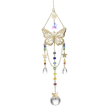 Glass Pendant Decorations, with Brass & Stainless Steel Finding, Butterfly, Golden, 292mm