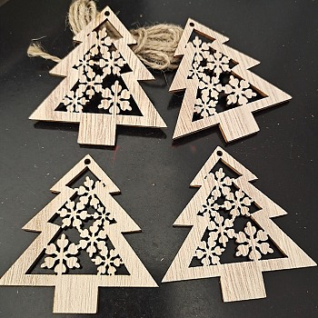 Unfinished Wood Pendant Decorations, with Hemp Rope, for Christmas Ornaments, Christmas Tree, 7x6.5cm, 10pcs/bag