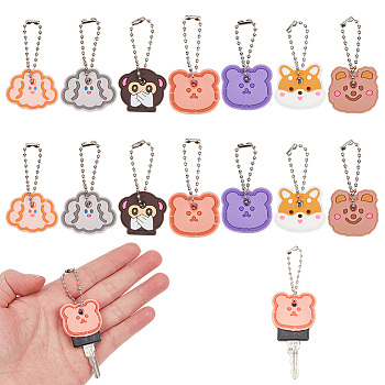 21pcs 7 styles PVC Anti-Lost Key Sleeve Pendant Decorations, with Iron Ball Chains, Key Identifier Caps, Mixed Shapes, 60~62mm, 3pcs/style